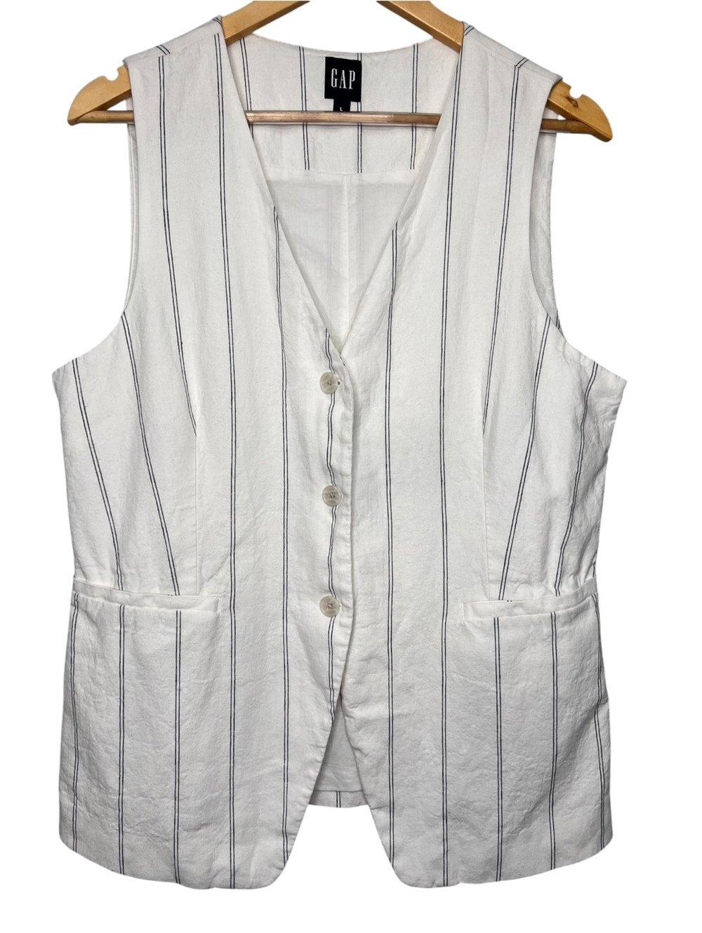 GAP Womens Large Linen Blend Pinstripe Tailored Vest Waistcoat Off White Navy